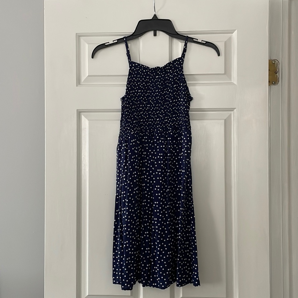 SO navy and white polka dotted dress